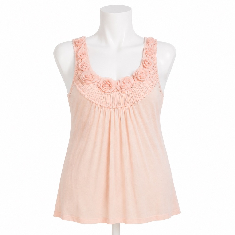 Kenar Rosette Neck Sleeveless Blouse Pink Ruched Stretch Knit‎ Tank Top Small